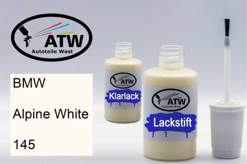 BMW, Alpine White, 145: 20ml Lackstift + 20ml Klarlack - Set, von ATW Autoteile West.